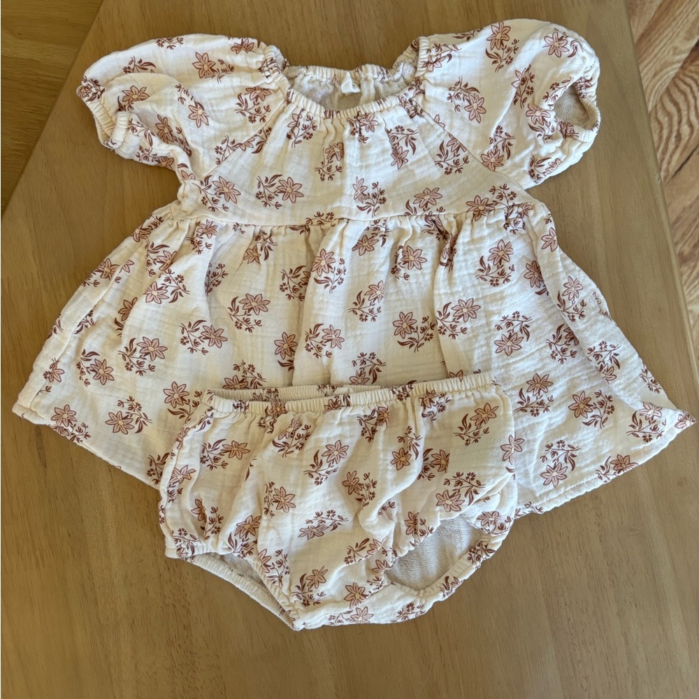 Quincy Mae Baby Floral Dress & Bloomers Set in Cream with Brown Print